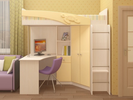 Детская Чердак Ириска МДФ Шимо Светлый+Ваниль Глянец ( 2,03х1,95х1,2/спальное место 0,8х2,0) с Матрасом в Подарок